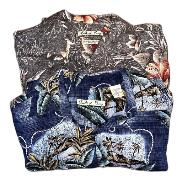Set of 2 Batick Bay Men S Rayon Silk Beach Hawaiian Tropical Button Front Shirts - Picture 1 of 11